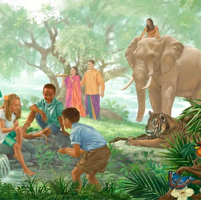 Adults, children, and wild animals together in Paradise