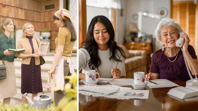 Collage: A sister serving Jehovah faithfully for many years. 1. Decades ago, the young sister speaks with a woman in the house-to-house ministry. 2. The sister, now elderly, participates in telephone witnessing with a younger sister.
