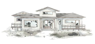 A. A house in disrepair. The roof is falling apart, the windows are broken, and the yard is littered with trash.