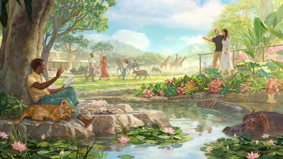 The brothers and sisters from the previous images, enjoying life on a paradise earth. The older brother, now young, enjoys a walk with his wife. The parents enjoy a walk with their daughter, who is now in good health. The once imprisoned brother sits under a tree next to a lion cub and reads his Bible.