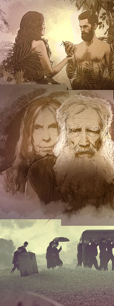 Adam and Eve look at the forbidden fruit; Adam and Eve in their old age; a casket is carried to a cemetery