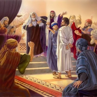 A Jewish religious leader slapping Jesus across the face as members of the Sandhedrin look on. Some of the Sanhedrin shake their fists, point at Jesus, and shout angrily at him.