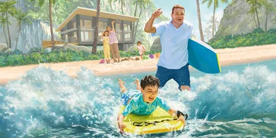 A young boy and his father playing in the waves of the ocean, as the mother and daughters enjoy watching from the beach.