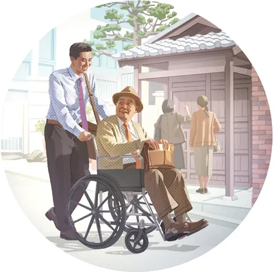 A young brother pushing the wheelchair of an elderly brother as they preach from house to house.