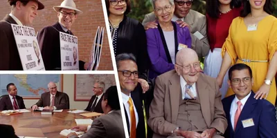 Scenes from the video “Jehovah Remembers.” Collage: 1. A reenactment of David Hibshman and Aubrey Bivens wearing placards on a Kentucky street. The placards advertise the talk “Face the Facts” by Joseph Rutherford. 2. Brother Hibshman meets with fellow members of the Guatemala Branch Committee. 3. Brother Hibshman poses for a photo with brothers and sisters at a convention.