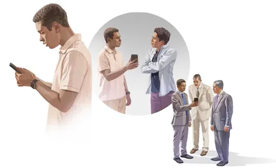 Collage: A brother helps another brother who has done something wrong. 1. The brother is disturbed by what he sees on his cell phone. 2. The brother shows his cell phone to the other brother, but the other brother rejects his approach. 3. The brother shows his cell phone to two elders and talks with them.