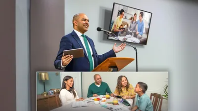Collage: 1. A brother presents a part at the meeting. Beside him a TV monitor displays an image of a family enjoying family worship. 2. The same brother enjoys family worship with his own family.