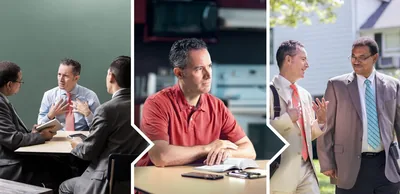 Collage: A brother receiving loving counsel and being molded by it. 1. He struggles to accept counsel from two elders. 2. He reads the Bible and meditates. 3. He enjoys the ministry with one of the elders who counseled him.