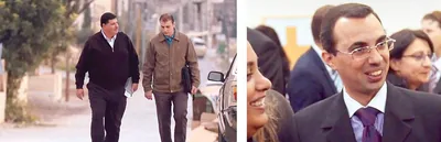 Collage: 1. An Arab man and another man walk and talk to each other. 2. A Jewish man smiles in the company of friends.