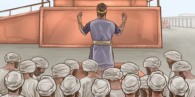 Solomon praying before the temple altar and in front of the people.