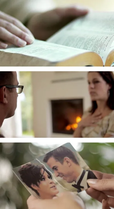 Reading the Bible; a husband listens as his wife expresses herself; a torn wedding picture