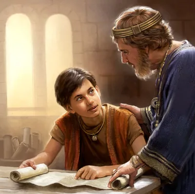 David reads a scroll with a young man