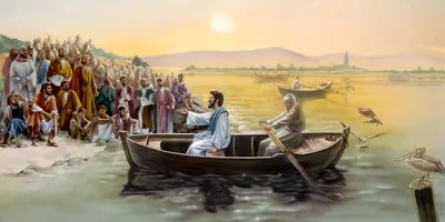 Jesus teaches the crowd on shore from a small boat