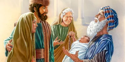 Simeon holds baby Jesus as Joseph, Mary, and the prophetess Anna look on