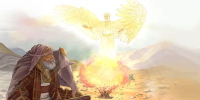 An angel appears to Moses at a burning bush