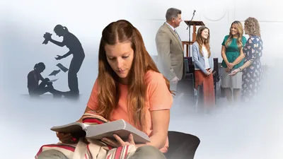 Collage: 1. A young sister sits on the floor and looks down while her mother yells at her and tears up her literature. 2. The same sister reads her Bible. 3. She converses with brothers and sisters at the Kingdom Hall.