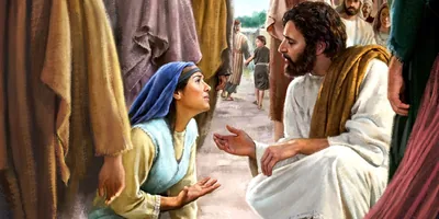 A woman falls down before Jesus, and he bends down to talk to her