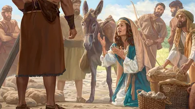 Abigail kneeling as she talks to David.