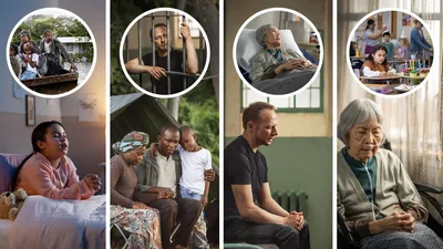 Collage: Brothers and sisters who have problems of their own, praying for others. 1. A young girl sits up in her bed and prays; an inset of a family in a boat, fleeing from their flooded home. 2. The family in the preceding image prays together; an inset of a brother in prison. 3. The imprisoned brother in the preceding image prays in a cell; an inset of an infirm elderly sister lying in a hospital bed. 4. The sister in the preceding image prays; an inset of the young girl in the first image, sitting alone in a classroom as other children celebrate a birthday party.