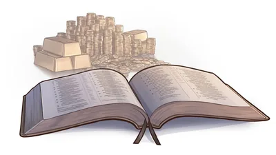 An open Bible next to a stack of gold coins and bars.
