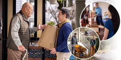 Collage: 1. A young brother brings a bag of groceries to an elderly brother. 2. A couple helps a family pack boxes for moving. 3. Another couple rakes leaves from the front yard of an elderly sister’s home.