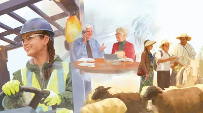 A couple preach in an area where there is a greater need for Kingdom publishers; a young sister helps with the construction of a Kingdom Hall; an elderly couple share in telephone witnessing. All of them derive much joy from their ministry (See paragraph 11)