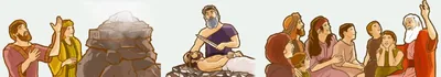 Abraham and Sarah offer a sacrifice; Abraham holds a knife and is ready to sacrifice Isaac; Abraham leads his family in worship