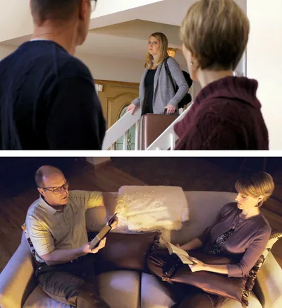 Sonja’s parents watch as she leaves home; Sonja’s parents read the Bible together