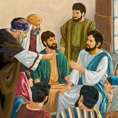 Jesus tries to reason with the scribes and Pharisees; some traveling with him look on