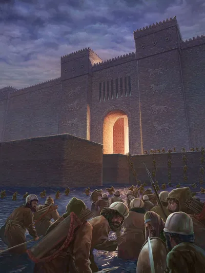 King Cyrus’ soldiers march through the river and up to the gates of Babylon