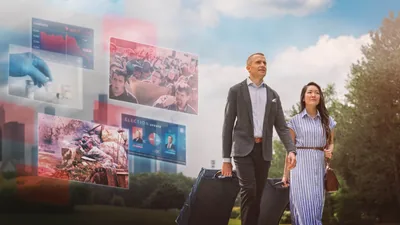 A couple walking with public witnessing carts as they look ahead with confidence. Collage: Scenes of disturbing world events. 1. A crowd of angry protesters. 2. A political election poll. 3. Soldiers at war. 4. A pharmaceutical drug. 5. A chart depicting a company’s stock dropping rapidly.