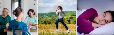 A teenage girl has a meal with her parents, exercises, and sleeps