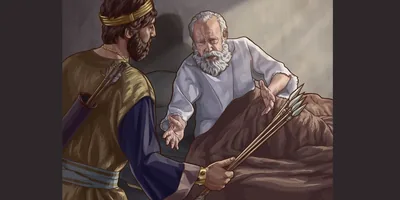 Elisha instructing King Jehoash from his sickbed. Jehoash is holding four arrows.
