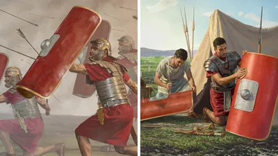 Ancient soldiers use their shields in battle; a soldier and his attendant repair shields