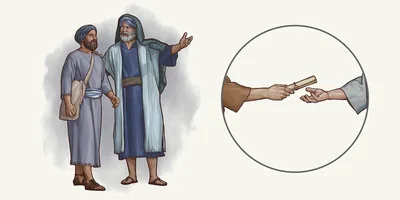 Collage: 1. An Israelite master sets his Hebrew slave free. 2. A man hands a sealed scroll to another man.