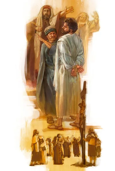 A ridiculer slaps Jesus; later, people grieve as he dies on a torture stake