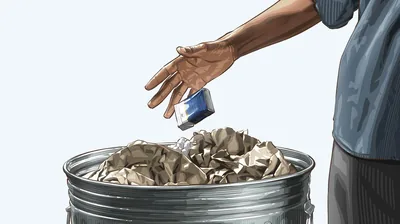 A man discarding a pack of cigarettes into a trash can.
