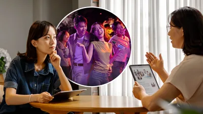 A sister conducting a Bible study with a woman. While the sister is speaking, the woman visualizes herself drinking alcohol and dancing at a nightclub with her friends.