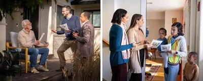 Collage: 1. Two brothers speak with an older man who sits on a porch outside his home. 2. Two sisters share the “Enjoy Life Forever!” brochure with a mother at her apartment door. The mother holds her young son in her arms while her other son stands near her.