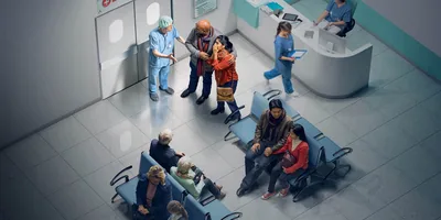 A waiting room at a hospital. A doctor is giving bad news to a couple standing near the entrance door. Several groups of people are waiting to be seen.
