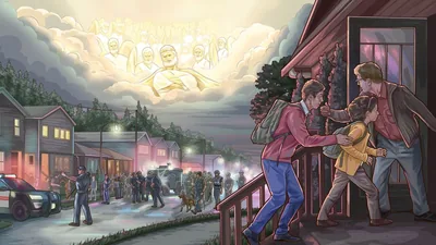 Jesus and his heavenly army watching from heaven as police and military personnel fill a neighborhood street. A brother helps two fellow Witnesses into a house.