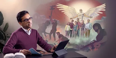 A brother studying the book “Pure Worship of Jehovah​—Restored At Last!” He visualizes Jehovah’s angel protecting a group of God’s people during Armageddon.