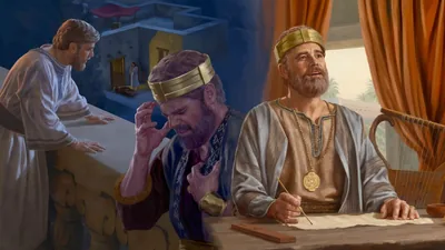 Collage: 1. King David on a rooftop watches Bath-sheba bathing. 2. He prays fervently. 3. He reflects while writing.