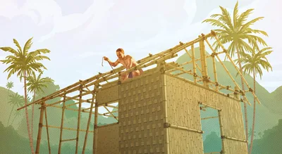 A man securing a bamboo roof to the main structure of a house that he is building in a tropical region.