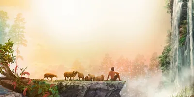 Abel with his flock of sheep, looking at creation