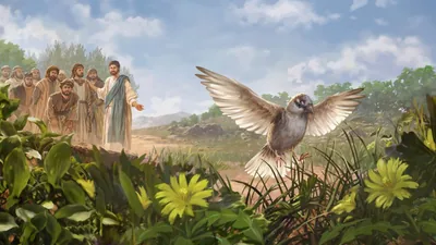 Jesus pointing to a sparrow that is landing on the ground. His disciples listen attentively.