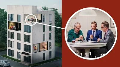 Two brothers conducting a Bible study with an older man. One brother is opening the study session with a prayer.