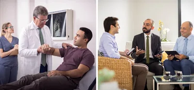 Collage: 1. The doctor from the previous image assesses the man’s shoulder. An X-ray of the man’s shoulder is on the wall. 2. The elder from the previous image and another elder use the Bible to encourage the brother at his home. The brother joyfully listens to the elders.