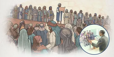 A priest teaches the Law to assembled Israelites, and an elder teaches from the Bible at a congregation meeting