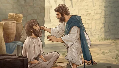 Jesus gently approaching a blind man in order to heal him.